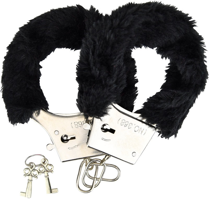 Loving Joy Furry Handcuffs Black | Main View | "black furry lined metal handcuffs - main view"