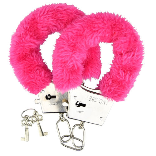 Loving Joy Furry Handcuffs Pink | Main View | "pink furry lined metal handcuffs - main view"