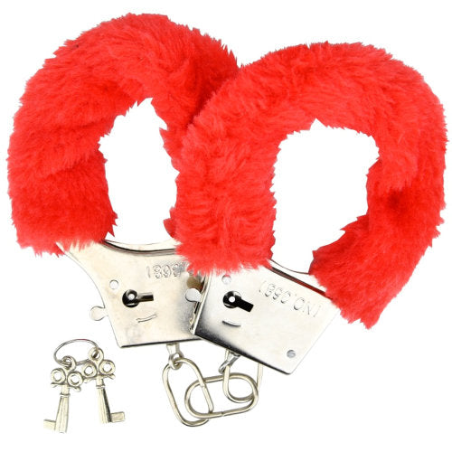Loving Joy Furry Handcuffs Red | Main View | "red furry lined metal handcuffs - main view"