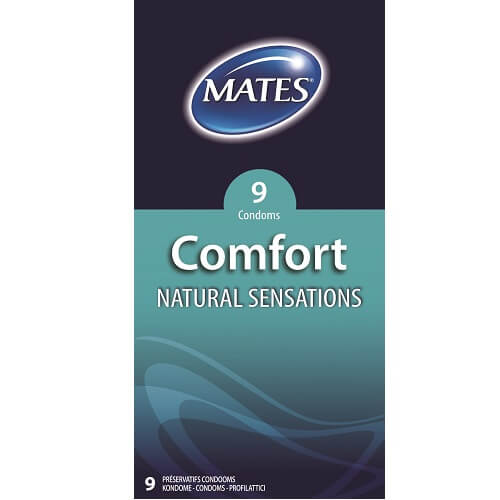 Mates-Comfort-Natural-Sensations-Condoms-9-Pack|Front|"natural feel condoms nine pack - front view"