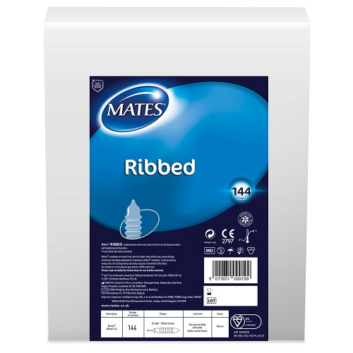 Mates Ribbed Condom BX144 Clinic Pack | Main View | "bulk pack of 144 ribbed latex condoms for clinics - main view"