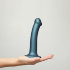 Strap-on-Me Duck Egg Blue Metallic Shine Mono Density Dildo Medium | Angle View 1 | "side angle showing features - angle view"