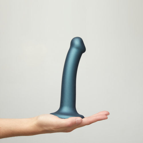 Strap-on-Me Duck Egg Blue Metallic Shine Mono Density Dildo Medium | Angle View 1 | "side angle showing features - angle view"