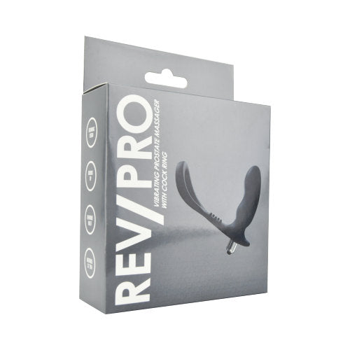 Rev-Pro Vibrating Prostate Massager with Cock Ring | Package Front | "product packaging showing front design - package view"