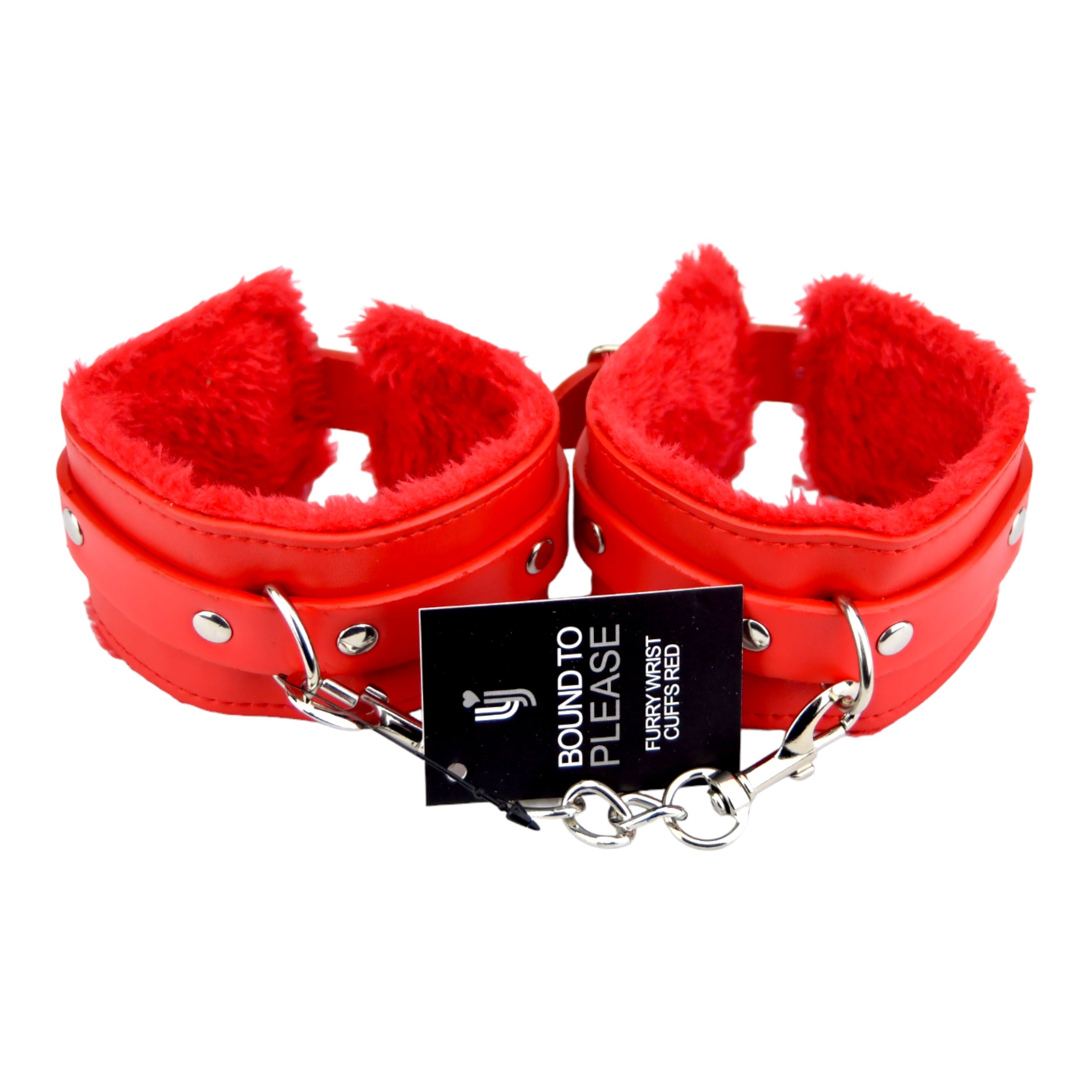 Bound to Please Furry Plush Wrist Cuffs Red | Front View | "red furry handcuffs - front view"