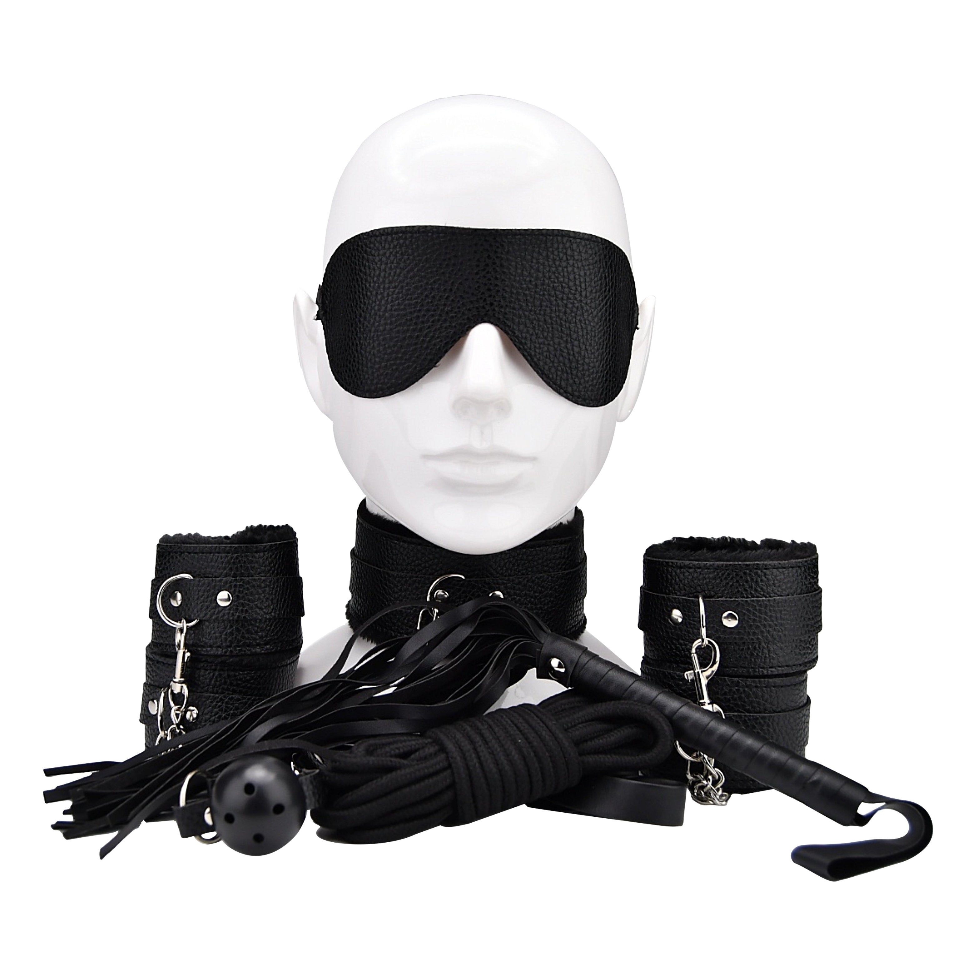 Bound to Play Beginner's Bondage Kit Black (8 Piece)|Side View|"black bondage kit ankle cuffs - side view"