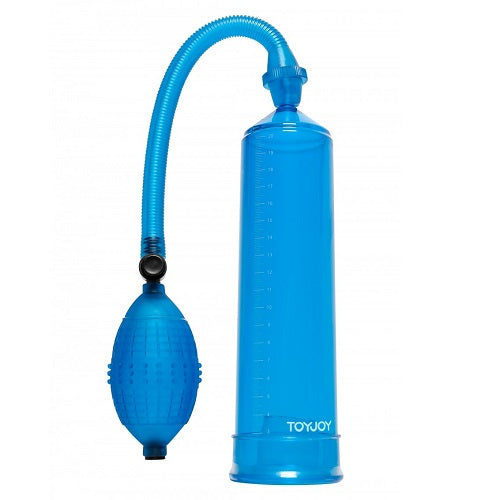 Penis-Enlarger-Power-Pump-Blue|Front|"blue manual penis enlarger pump with measurement gauge - front view"