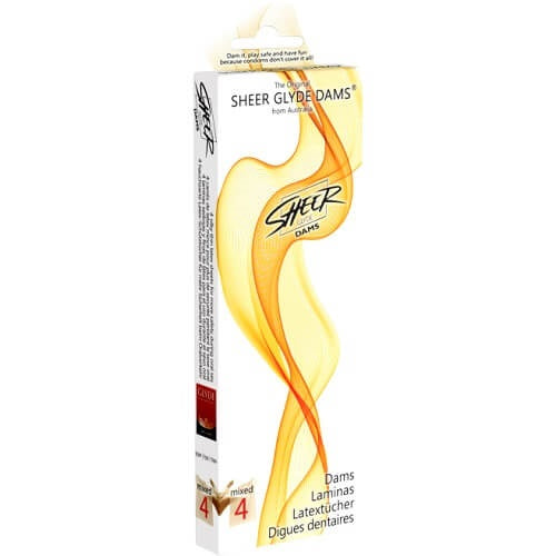 Sheer-Glyde-Vegan-Dams-Mixed-Flavour-4-Pack|Front View|"mixed flavor dental dams pack - front view"
