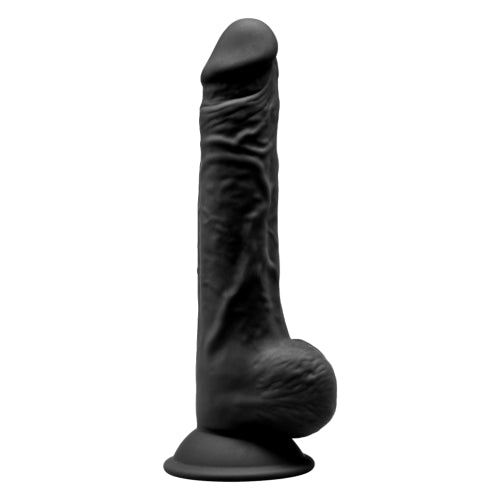 SilexD-9.5-Inch-Realistic-Silicone-Dual-Density-Dildo-With-Suction-Cup-With-Balls-Black|Front View|"dual density dildo with balls in black - front view"