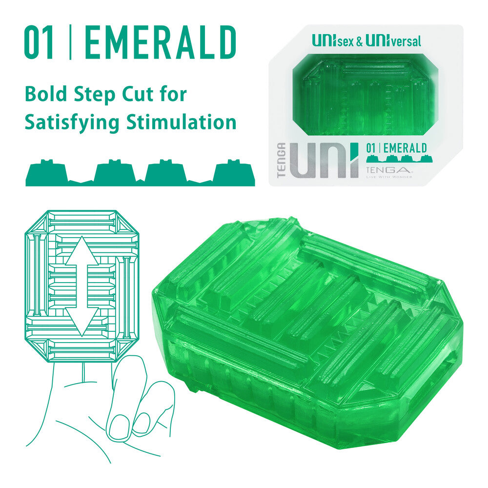Tenga UNI Emerald Sleeve Masturbator | Front View | "Emerald sleeve masturbator - front view"
