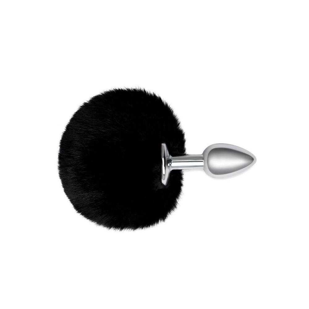 Furry Tales Black Bunny Tail Butt Plug | Side View | "Black bunny plug - side view"