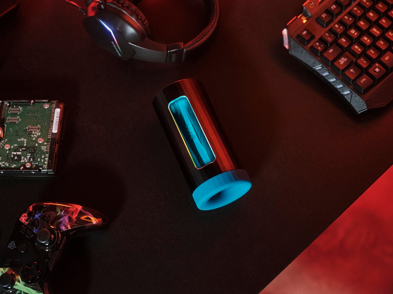 LELO F1S V3 AI Interactive Male Masturbator Blue | Side View | "AI male masturbator blue - side view"