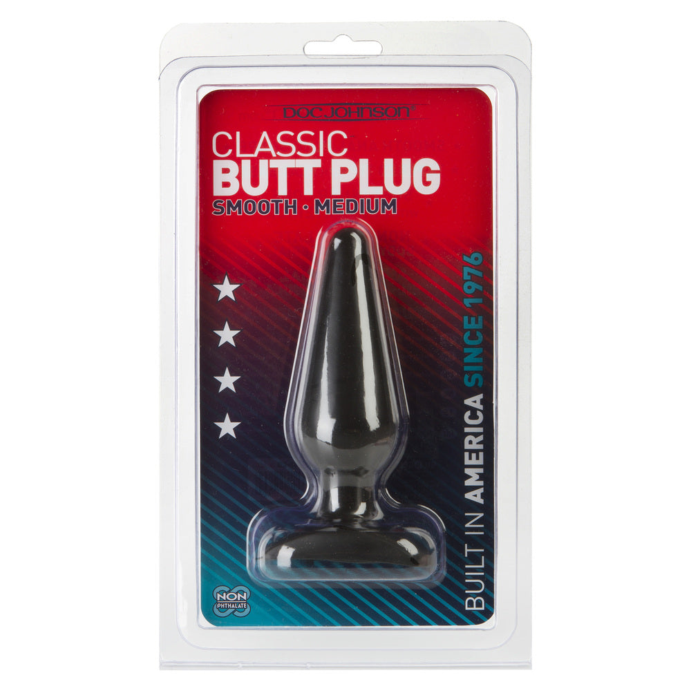 Classic Smooth Butt Plug Medium Black|Side View|"smooth design-side view"|