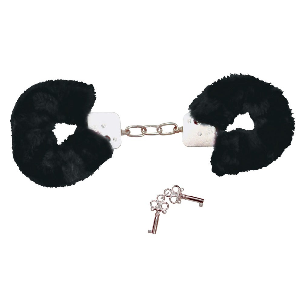 Bad Kitty Black Plush Handcuffs|Side View|"cuff details-side view"|