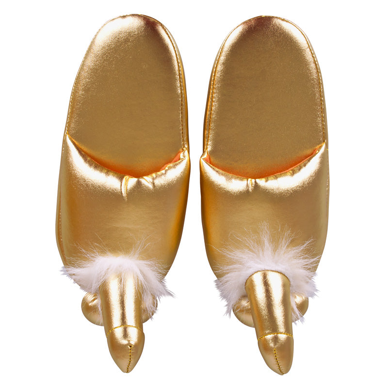 Golden Penis Slippers|Side View|"gold novelty slippers - side view"