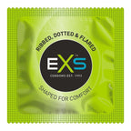 EXS Comfy Fit Ribbed and Dotted Condoms 12 Pack|Side View|"pack features-side view"|
