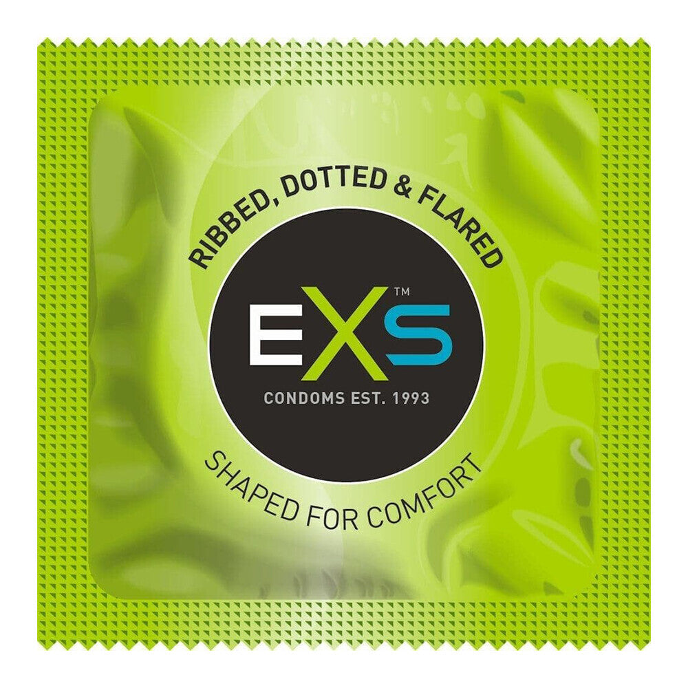 EXS Comfy Fit Ribbed and Dotted Condoms 12 Pack|Side View|"pack features-side view"|