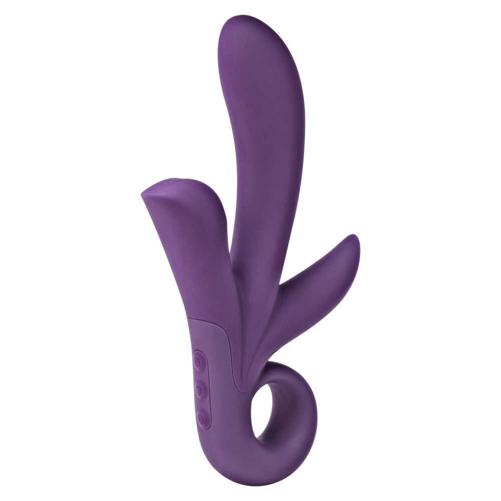 ToyJoy Trinity Triple Pleasure Vibrator Purple|Front View|"Purple triple stimulation device - front view"