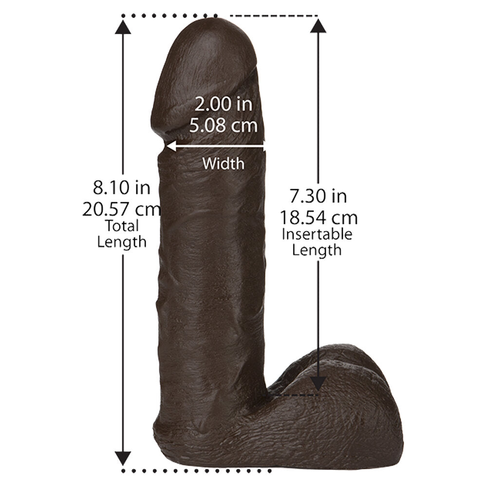 VacULock 8 Inch Realistic Dildo Attachment Black|Side View|"realistic detail - side view"