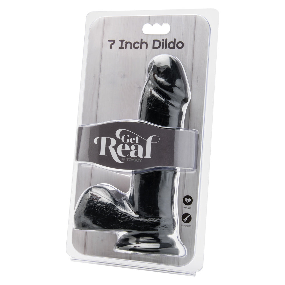 ToyJoy Get Real 7 Inch Dong With Balls Black|Side View|"texture detail - side view"