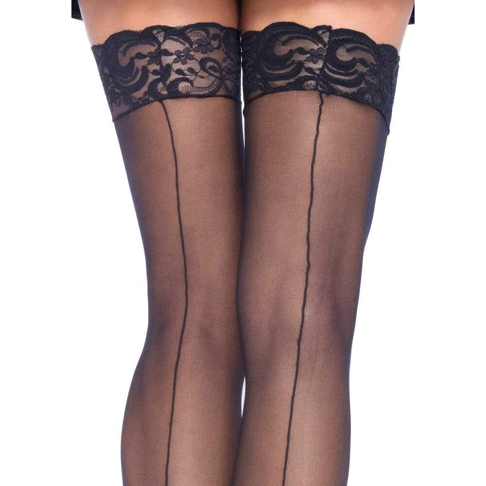 Leg Avenue Sheer Stockings With Backseam Black UK 6 to 12|Side View|"black backseam stockings - side view"