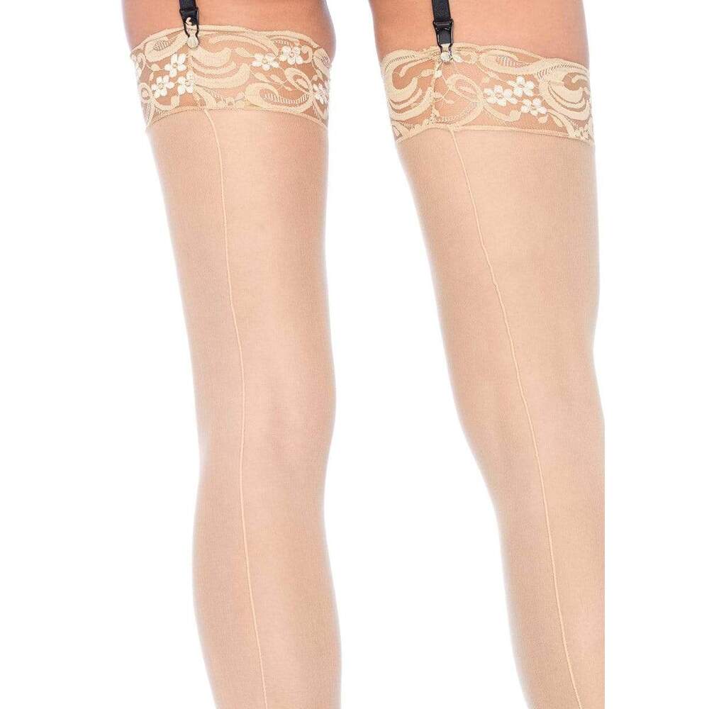 Leg Avenue Sheer Stockings With Backseam Nude UK 6 to 12|Side View|"nude backseam stockings - side view"