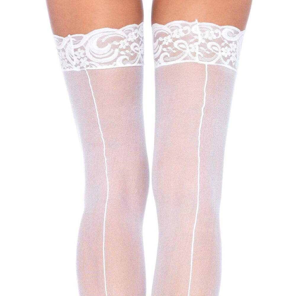 Leg Avenue Sheer Stockings With Backseam White UK 6 to 12|Side View|"white backseam stockings - side view"