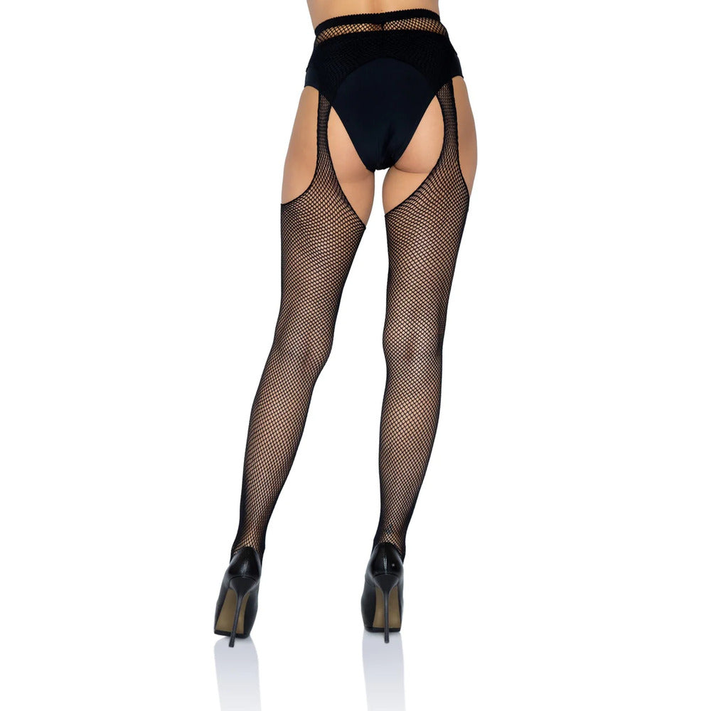 Leg Avenue Fishnet Suspender Pantyhose Black UK 6 to 12|Side View|"black suspender pantyhose - side view"