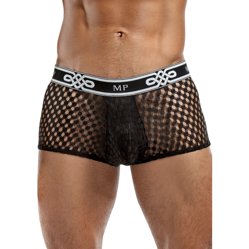 Male Power Peep Show Mini Short Black|Front View|"peep design-front view"|