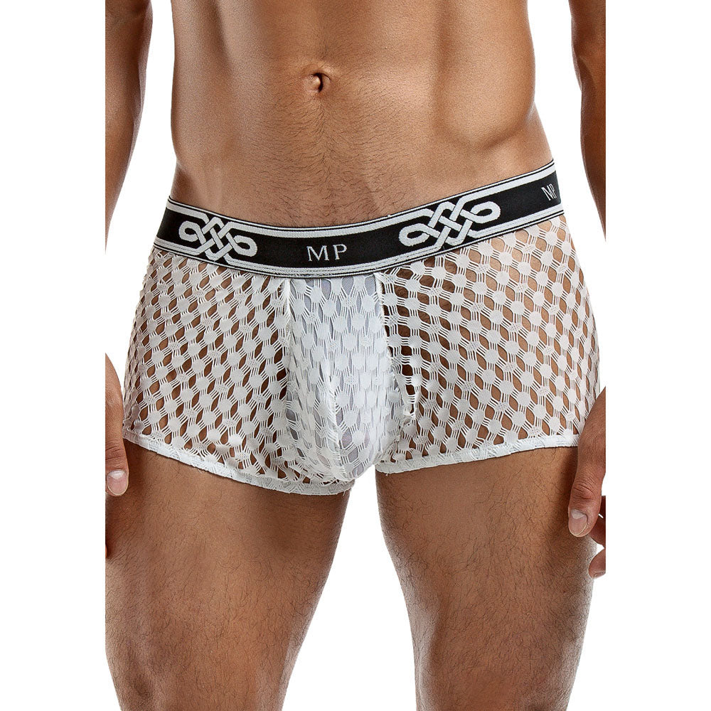 Male Power Peep Show Mini Short White|Front View|"peep design-front view"|