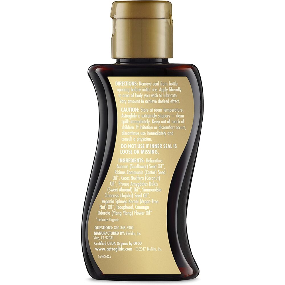 Astroglide O Organic Oil Blend 118ml|Side View|"bottle detail-side view adult toys direct"|
