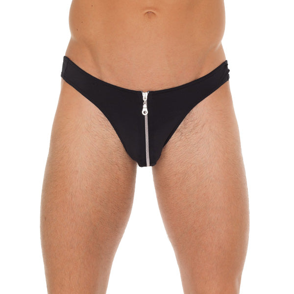 Mens Black GString With Zipper On Pouch|Front View|"zipper design-front view"|