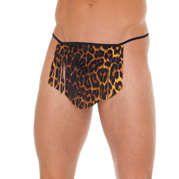 Mens Black GString With Leopard Loincloth|Front View|"leopard design-front view"|