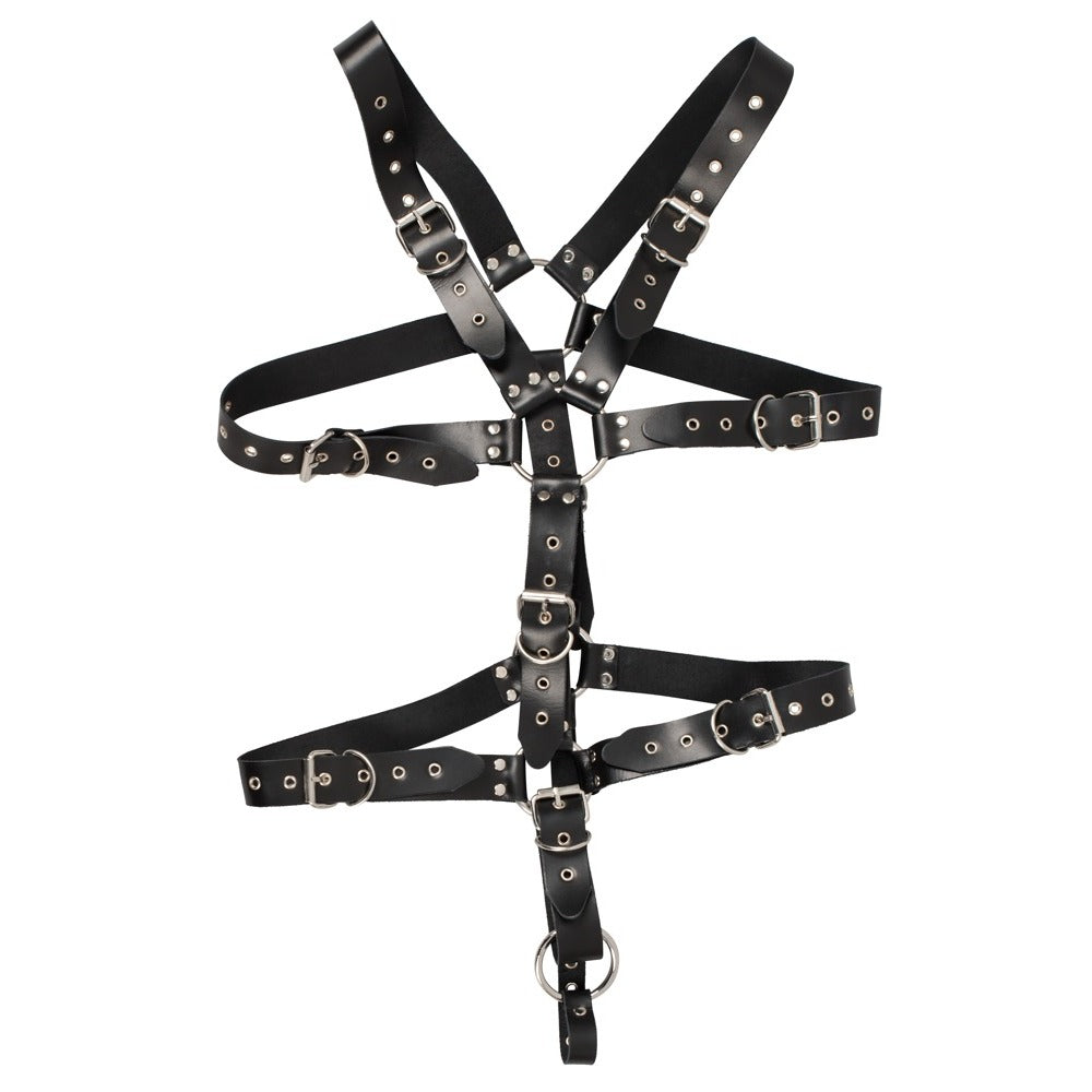 Zado Mens Leather Adjustable Harness With Cock Ring|Side View|"harness adjustment detail-side view adult toys direct"|