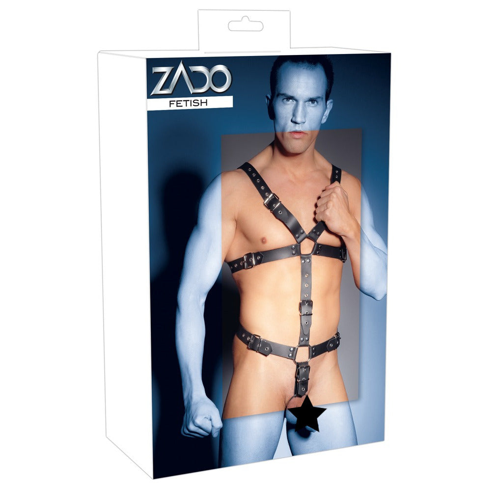 Zado Mens Leather Adjustable Harness With Cock Ring|Detail View|"ring feature detail-detail view adult toys direct"|