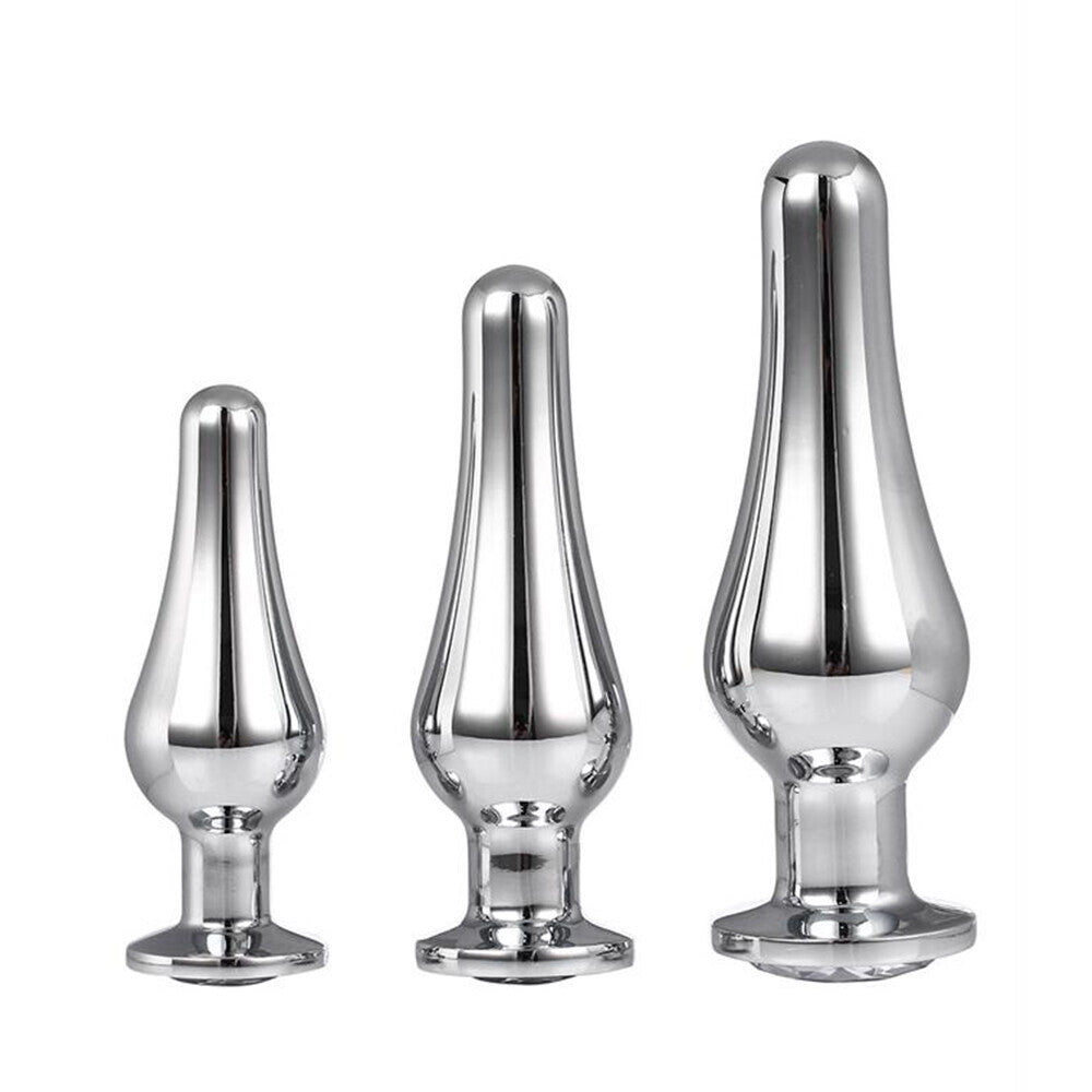 Gleaming Butt Plug Set Silver|Front View|"silver anal plug collection-front view"|