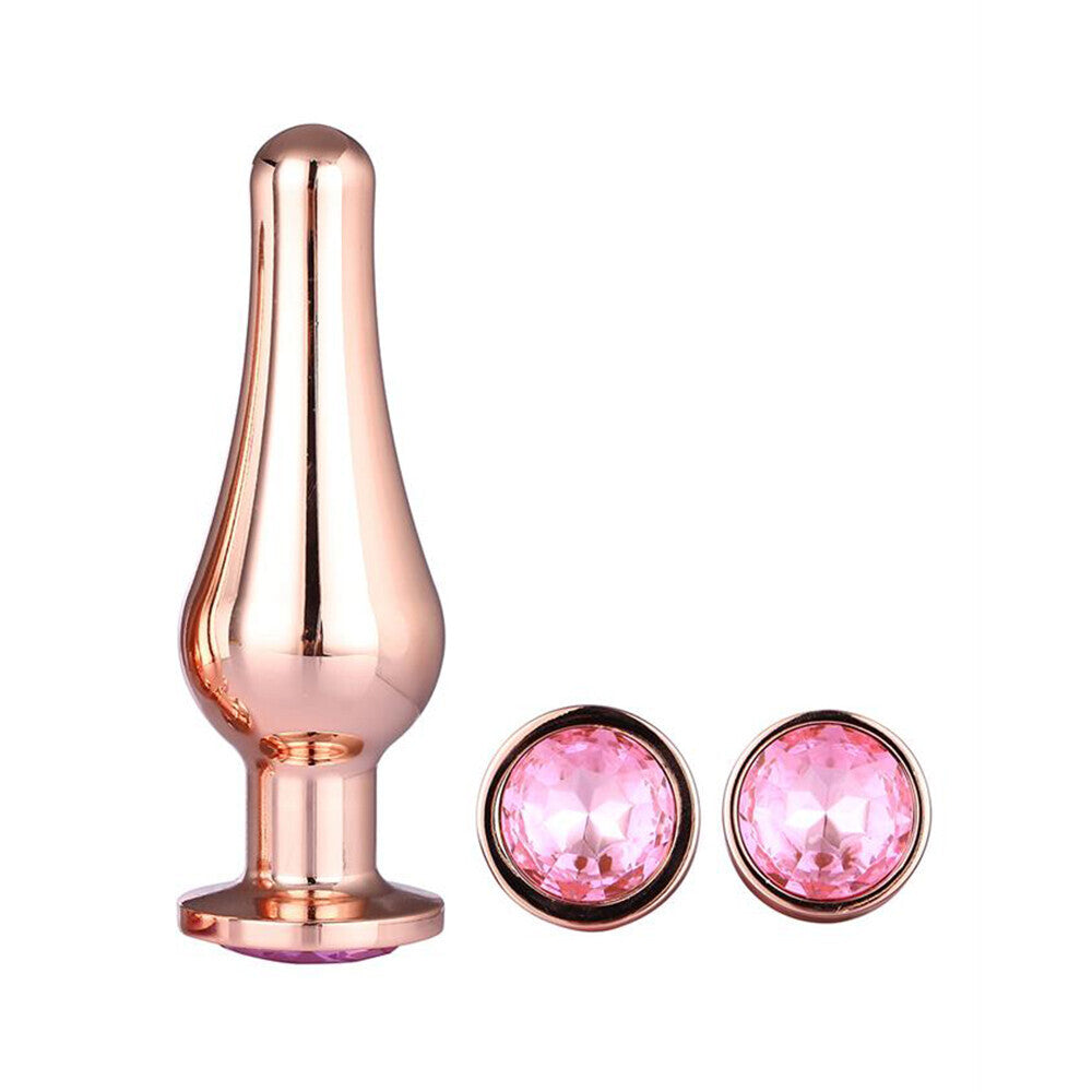Gleaming Butt Plug Set Rose Gold|Side View|"rose gold plug set features-side view"|