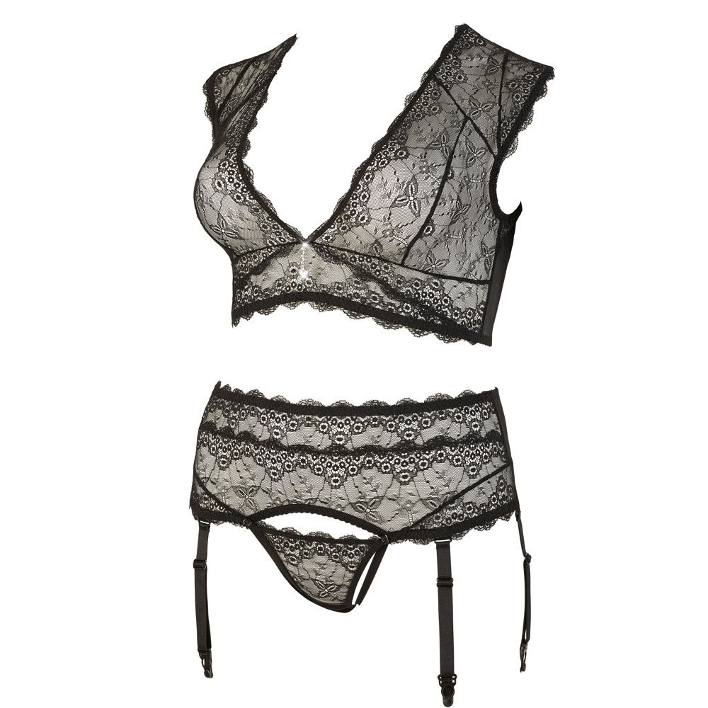 Cottelli Plus Size Bralette and String Set Black|Detail View|"plus size black lingerie set - detail view"