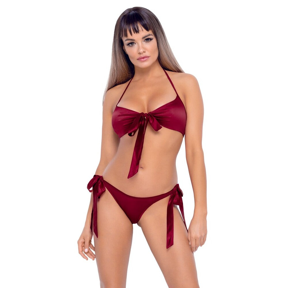 Cottelli Tie Up Bra And Briefs Set Red|Front View|"red tie up lingerie set - front view"