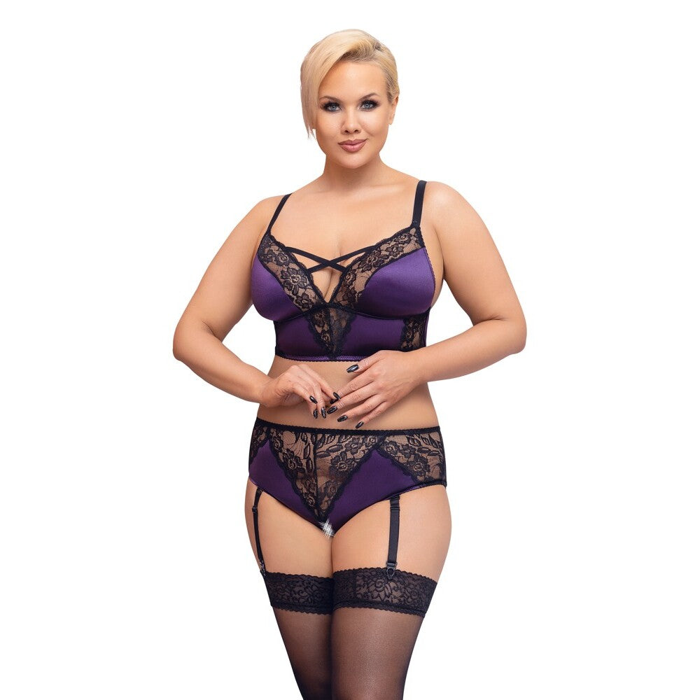 Cottelli Curves Bralette Suspender Set|Front View|"plus size bralette suspender set - front view"