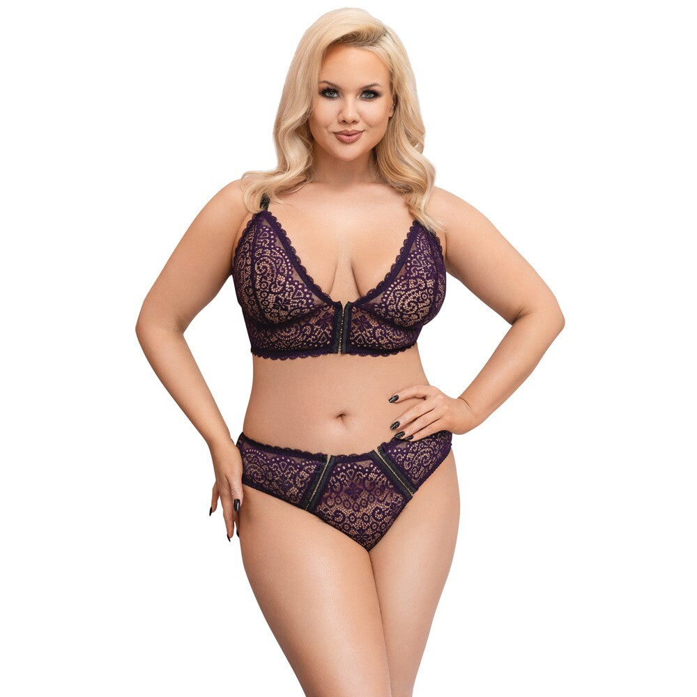 Cottelli Curves Delicate Lace Bralette And Briefs|Front View|"plus size lace lingerie set - front view"