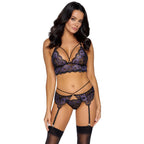 Cottelli Lilac and Black Lace Suspender Set|Front View|"lilac black suspender set - front view"