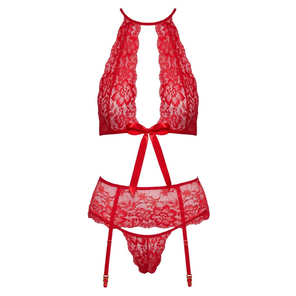Kissable Halterneck Set Red|Detail View|"red halter lingerie set - detail view"