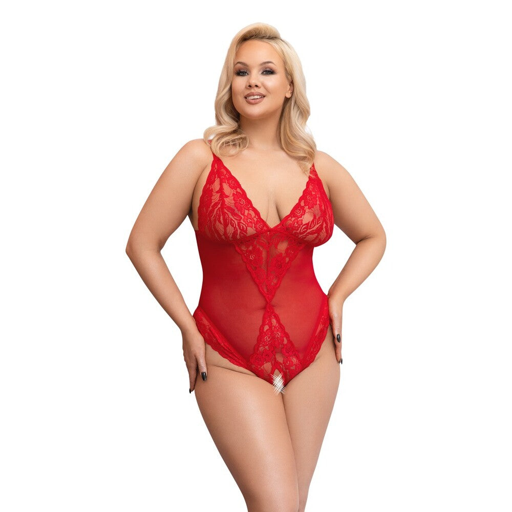 Cottelli Curves Crotchless Body Red|Front View|"plus size red crotchless bodysuit - front view"