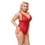 Cottelli Curves Crotchless Body Red|Side View|"plus size red crotchless bodysuit - side view"