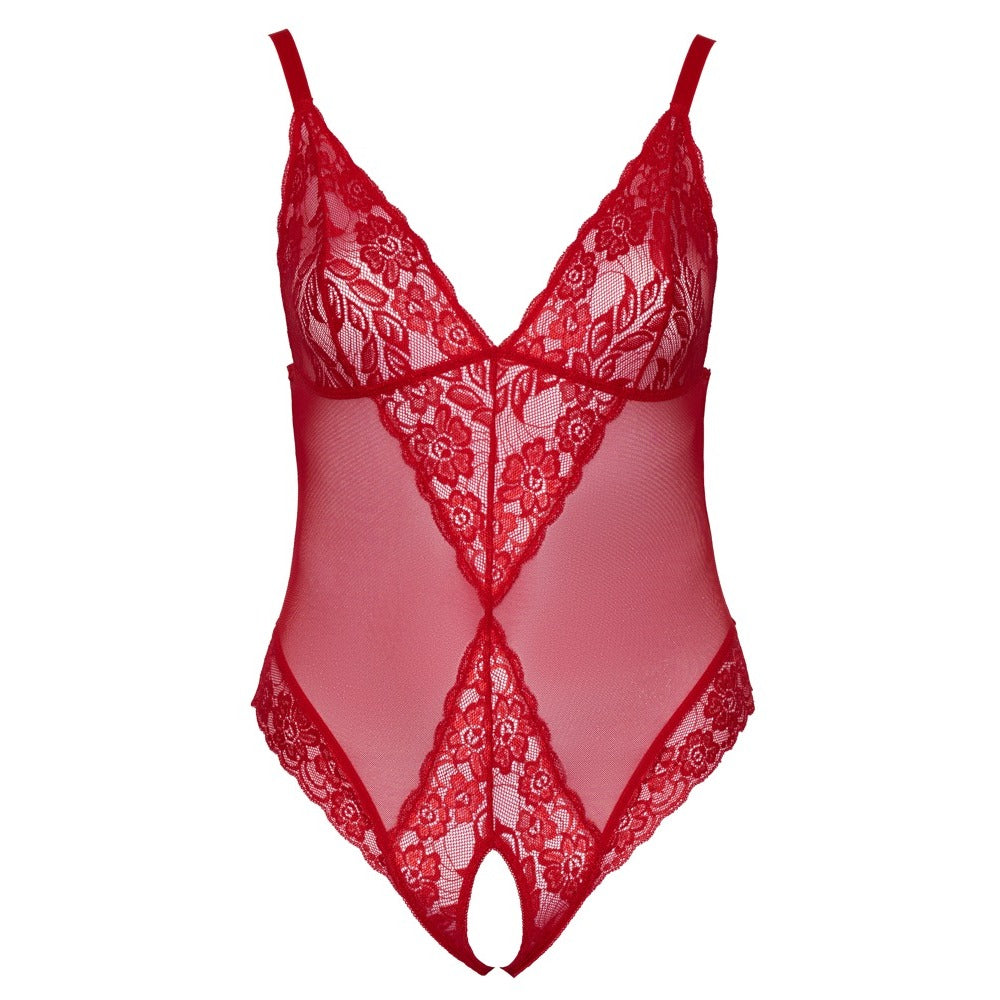 Cottelli Curves Crotchless Body Red|Detail View|"plus size red crotchless bodysuit - detail view"