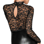 Noir Black Lace and Wet Look Pencil Dress|Detail View|"lace pencil dress - detail view"