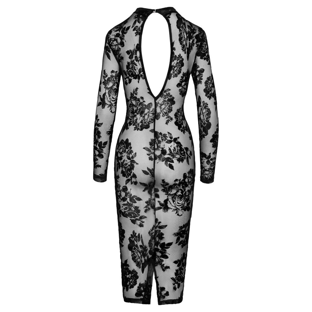 Noir Tight Fitting Floral Transparent Dress|Back View|"sheer floral bodycon dress - back view"