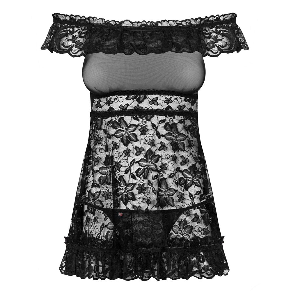 Obsessive Lacey Babydoll And String Black|Back View|"black lace babydoll set - back view"