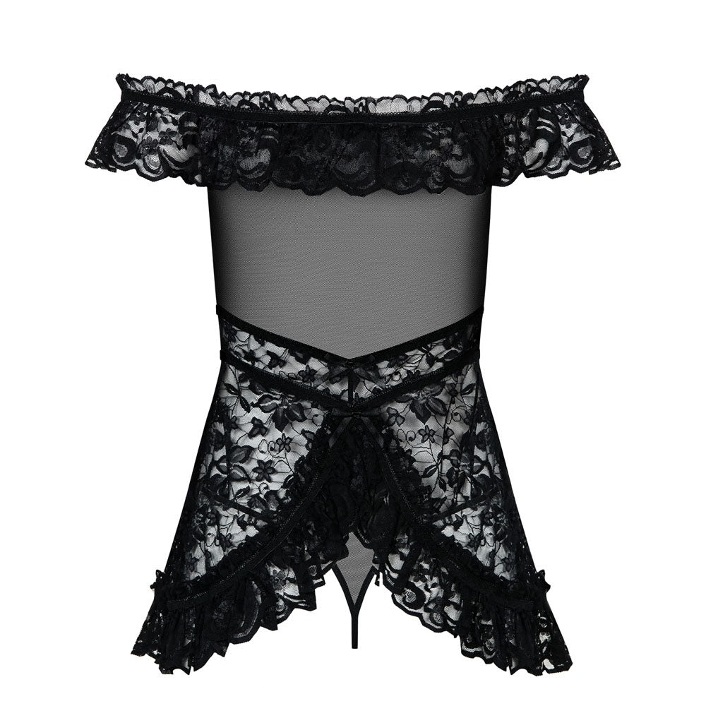 Obsessive Lacey Babydoll And String Black|Detail View|"black lace babydoll set - detail view"